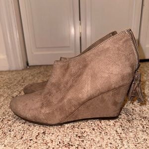 Tan suede short wedges